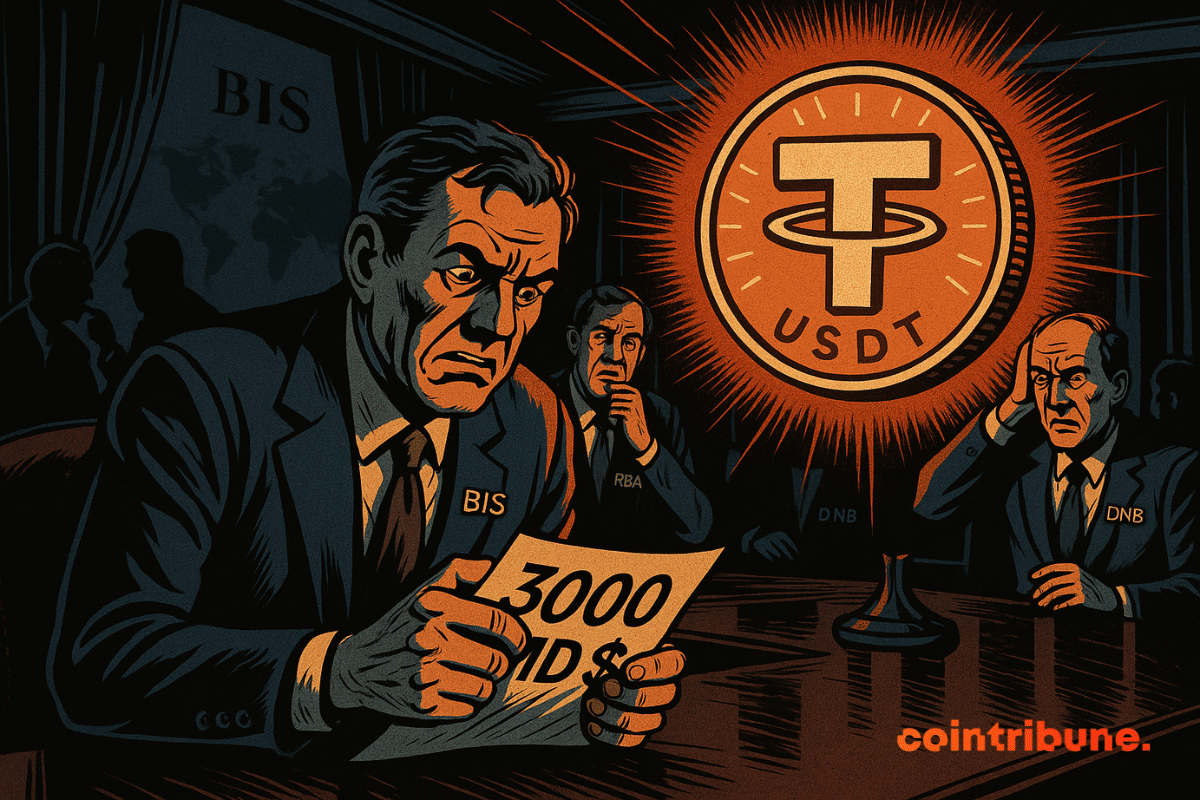 Un comité tendu observe un hologramme USDT lumineux ; un homme serre un rapport "3000 Mds $", visiblement inquiet.