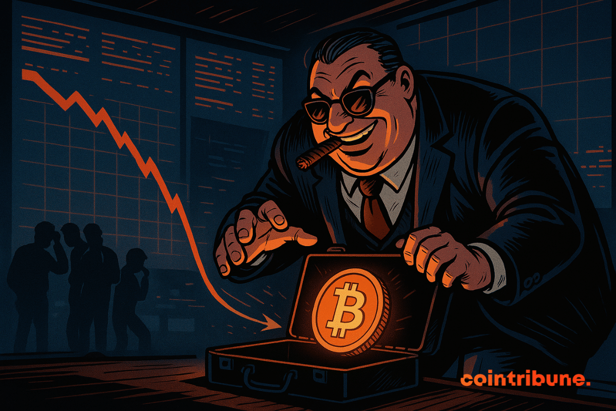 Un investisseur souriant ouvre une mallette contenant un Bitcoin lumineux, tandis qu'un graphique chute brutalement en arrière-plan.