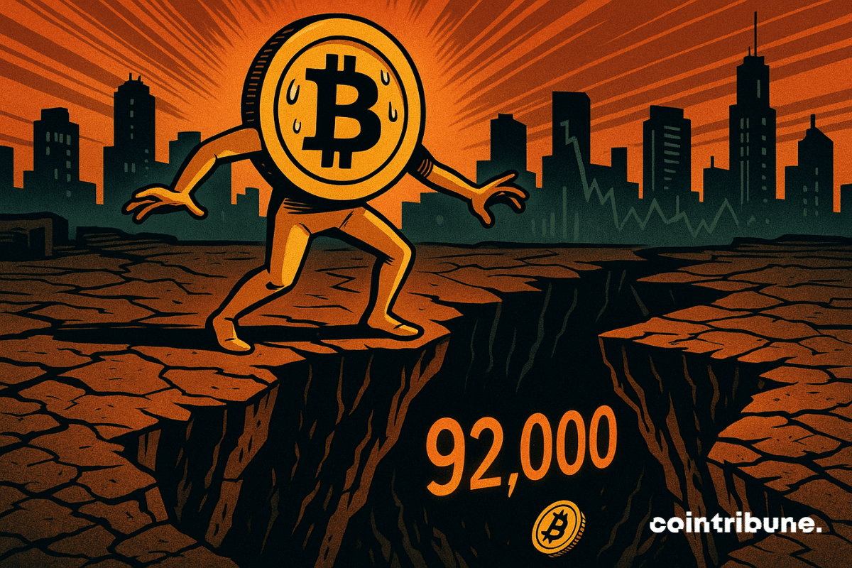 Personified Bitcoin sweats on the edge of a precipice, ready to fall. Below, “92,000” glows in a menacing abyss.