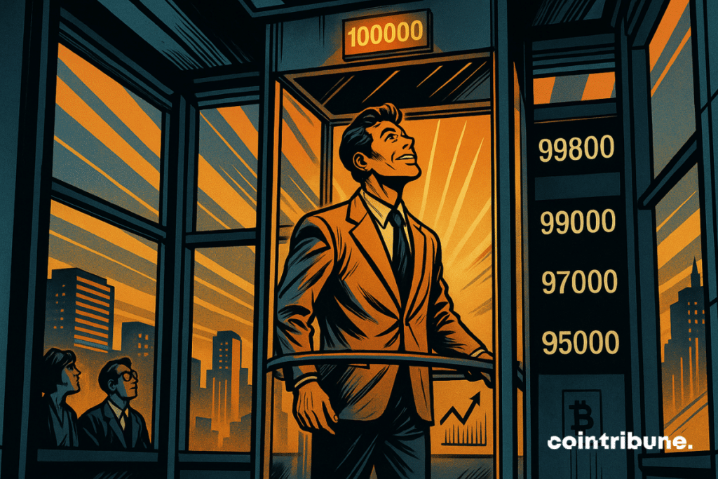 Un homme sûr de lui monte dans un ascenseur en verre affichant 100 000, baigné d’une lumière orange éclatante