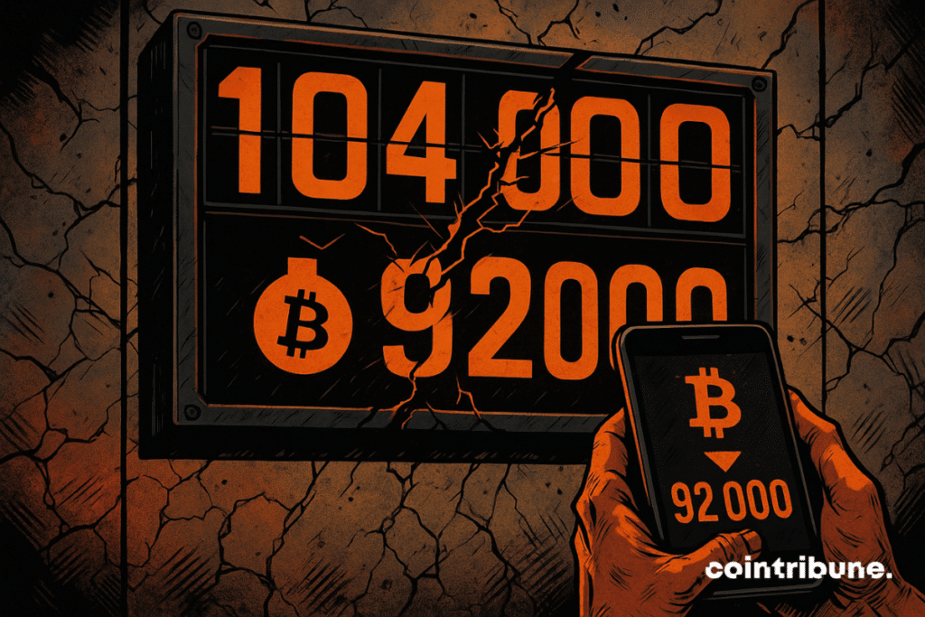 A broken meter displays Bitcoin's fall to ,000, with clenched hands holding a phone showing the same figure.