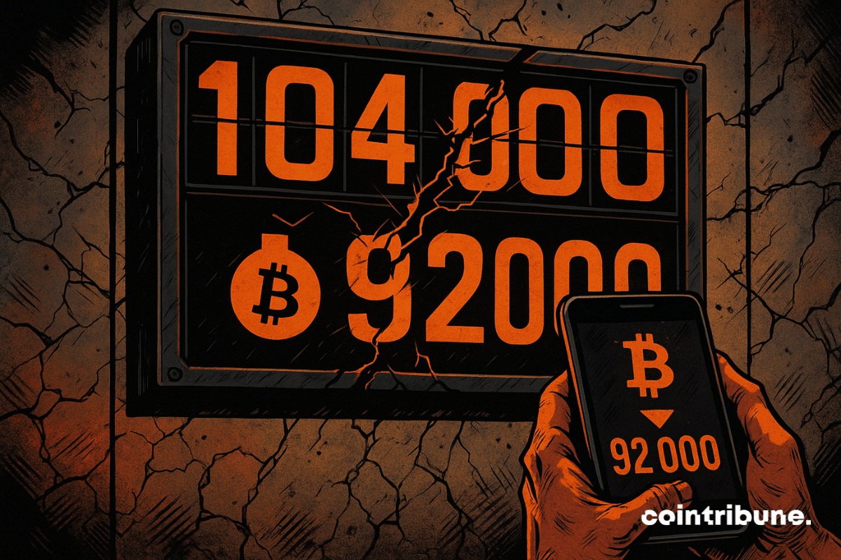 A broken meter displays Bitcoin's fall to ,000, with clenched hands holding a phone showing the same figure.
