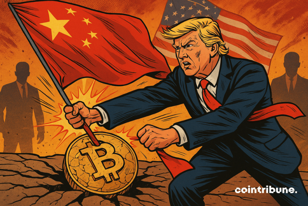 Trump furiously tears down a Chinese flag planted in a giant Bitcoin, against a backdrop of geopolitical tension and menacing silhouettes.