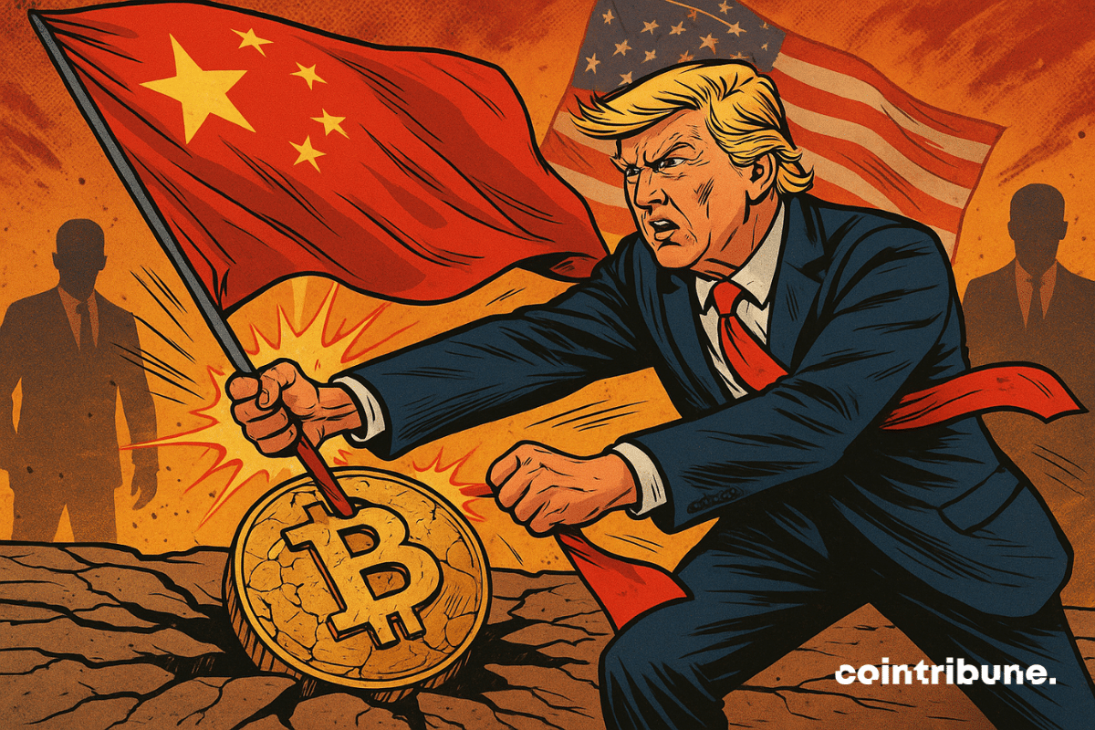 Trump furiously tears down a Chinese flag planted in a giant Bitcoin, against a backdrop of geopolitical tension and menacing silhouettes.