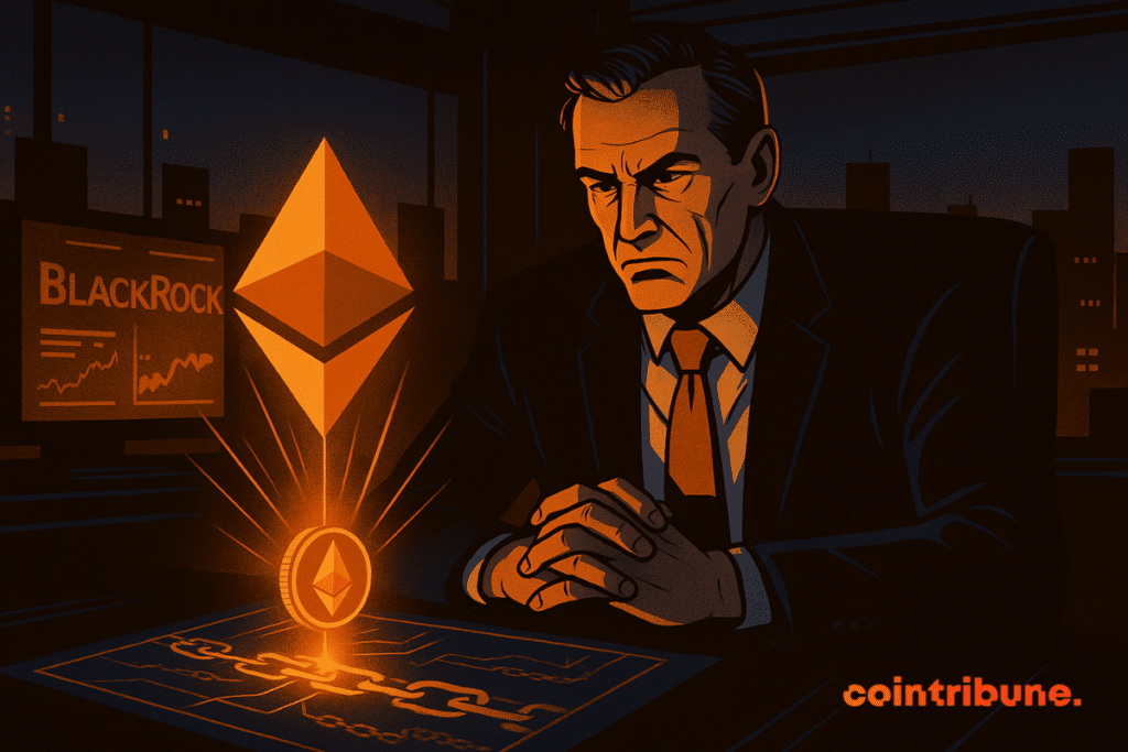 A man in a suit observes a glowing Ethereum hologram in a dark office, creating a mysterious and strategic atmosphere reminiscent of a comic book.