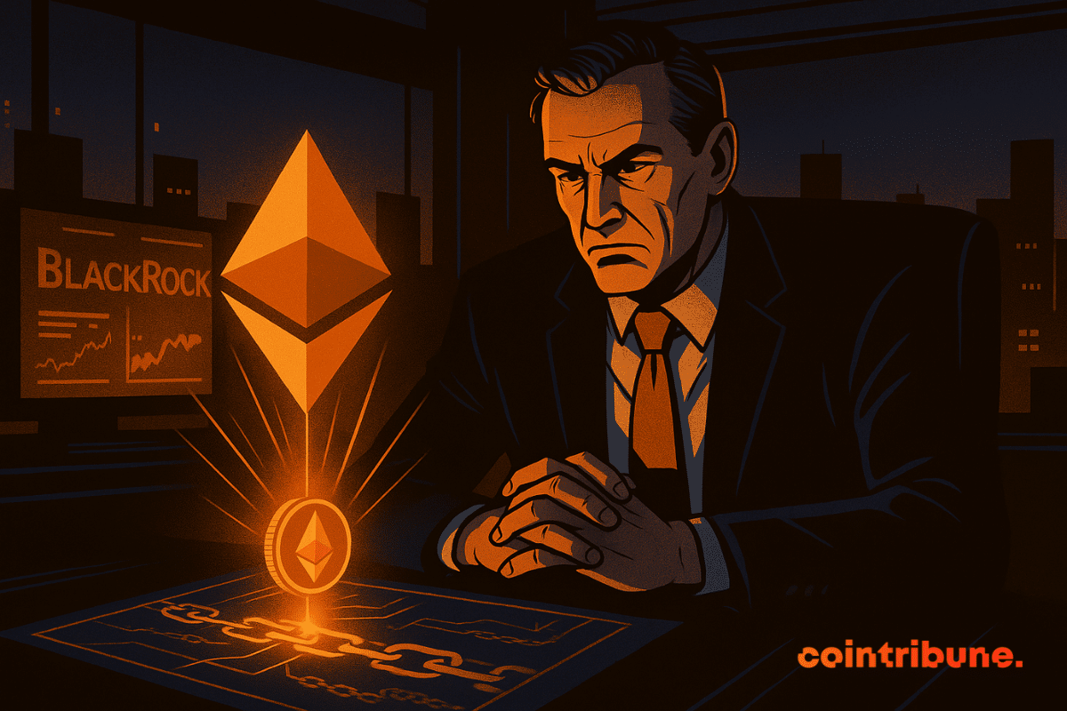 A man in a suit observes a glowing Ethereum hologram in a dark office, creating a mysterious and strategic atmosphere reminiscent of a comic book.