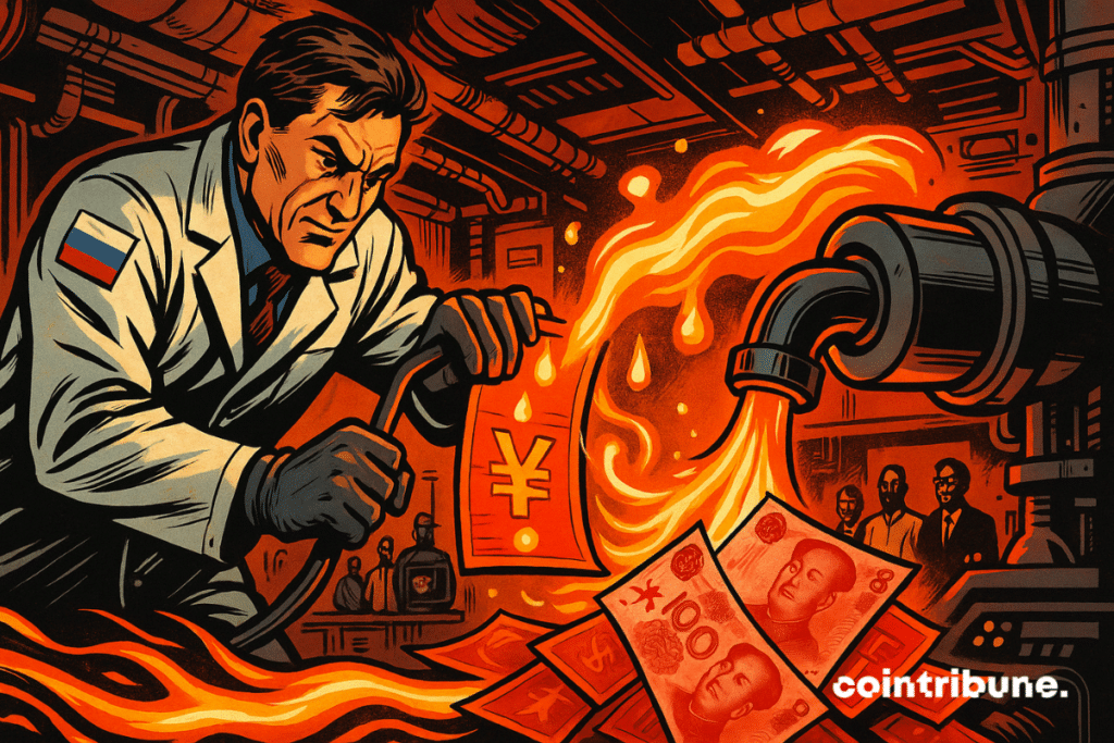 Un scientifique de Russie manipule une machine qui convertit visuellement du gaz/pétrole en billets de yuan dans un laboratoire BRICS.