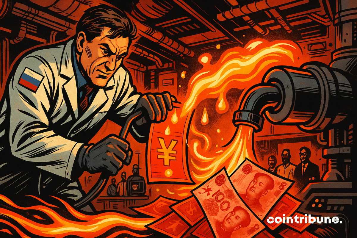 Un scientifique de Russie manipule une machine qui convertit visuellement du gaz/pétrole en billets de yuan dans un laboratoire BRICS.