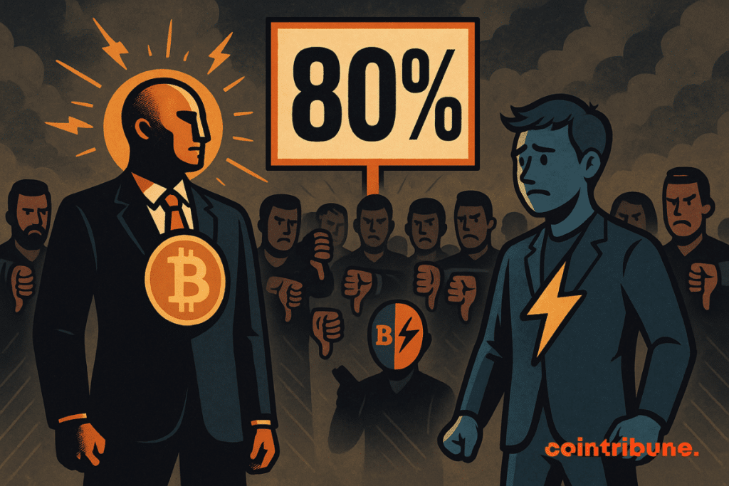 Triumphant Bitcoin faces rejected Lightning, under an “80%” sign and a hostile crowd.