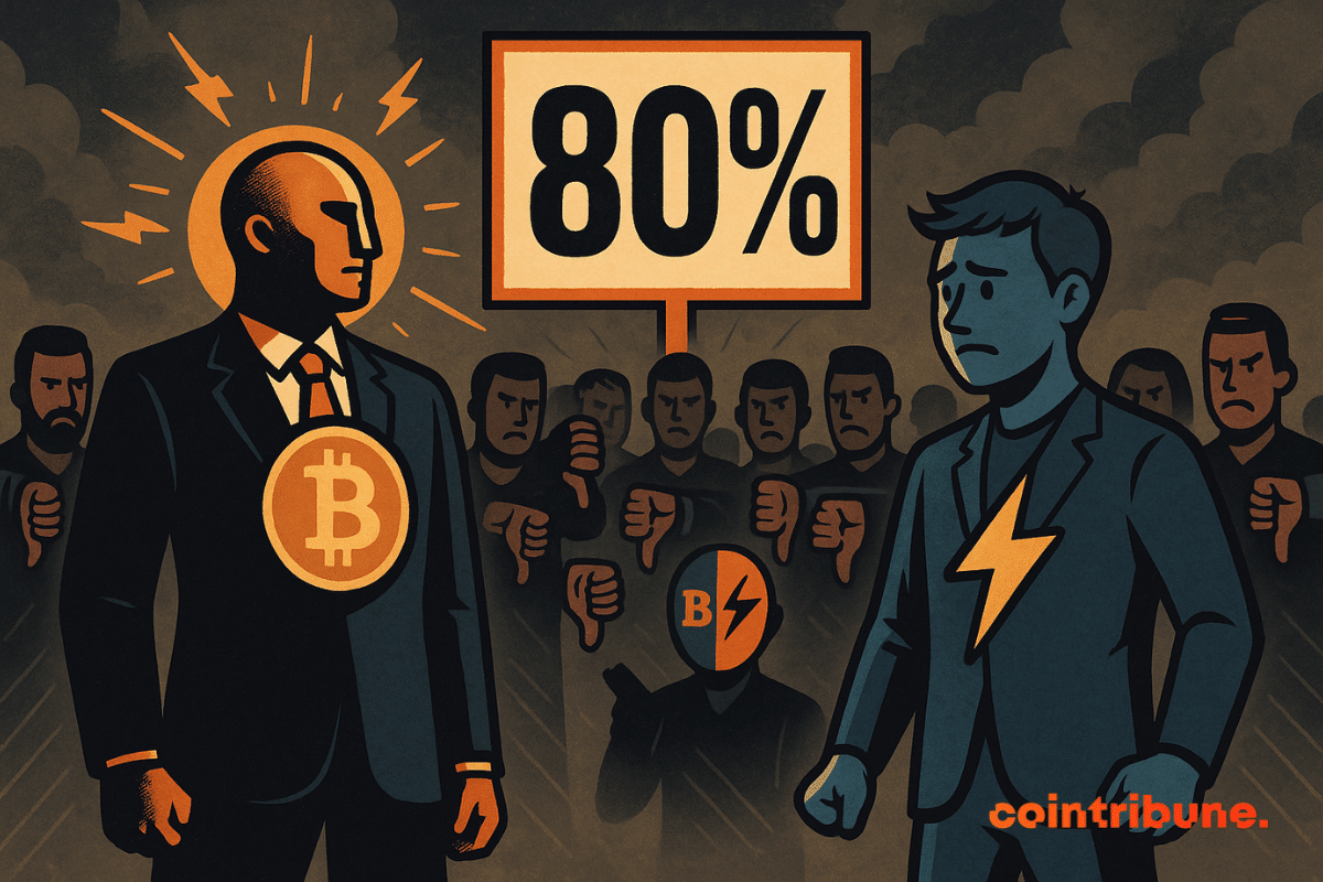 Bitcoin triomphant affronte Lightning rejeté, sous un panneau “80 %” et une foule hostile.