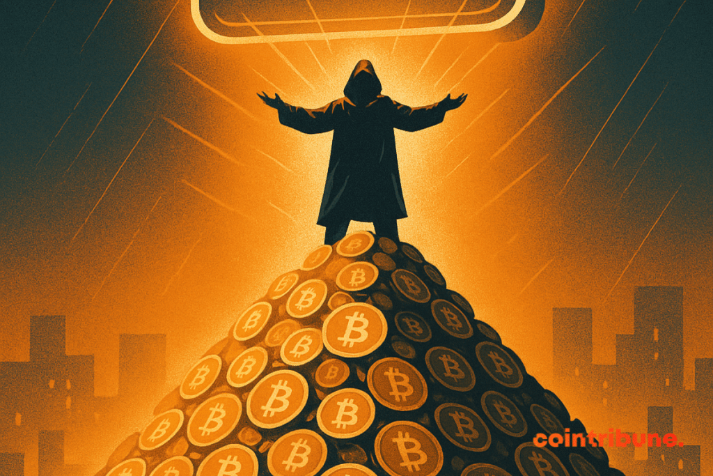 Figure encapuchonnée dominant une montagne de Bitcoins, sous un portefeuille numérique affichant 453 000 BTC, ambiance dramatique.
