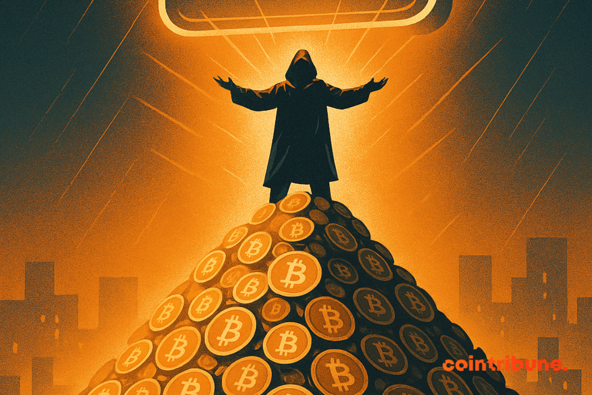 Figure encapuchonnée dominant une montagne de Bitcoins, sous un portefeuille numérique affichant 453 000 BTC, ambiance dramatique.