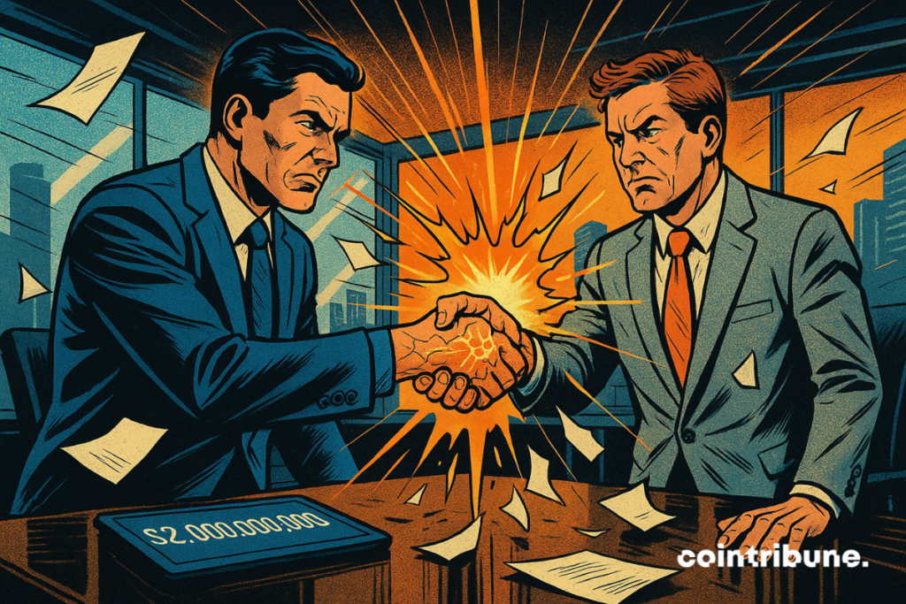 Dos hombres de negocios vestidos con traje se miran fijamente mientras su apretón de manos estalla con una luz naranja, esparciendo papeles por una oficina en un rascacielos.