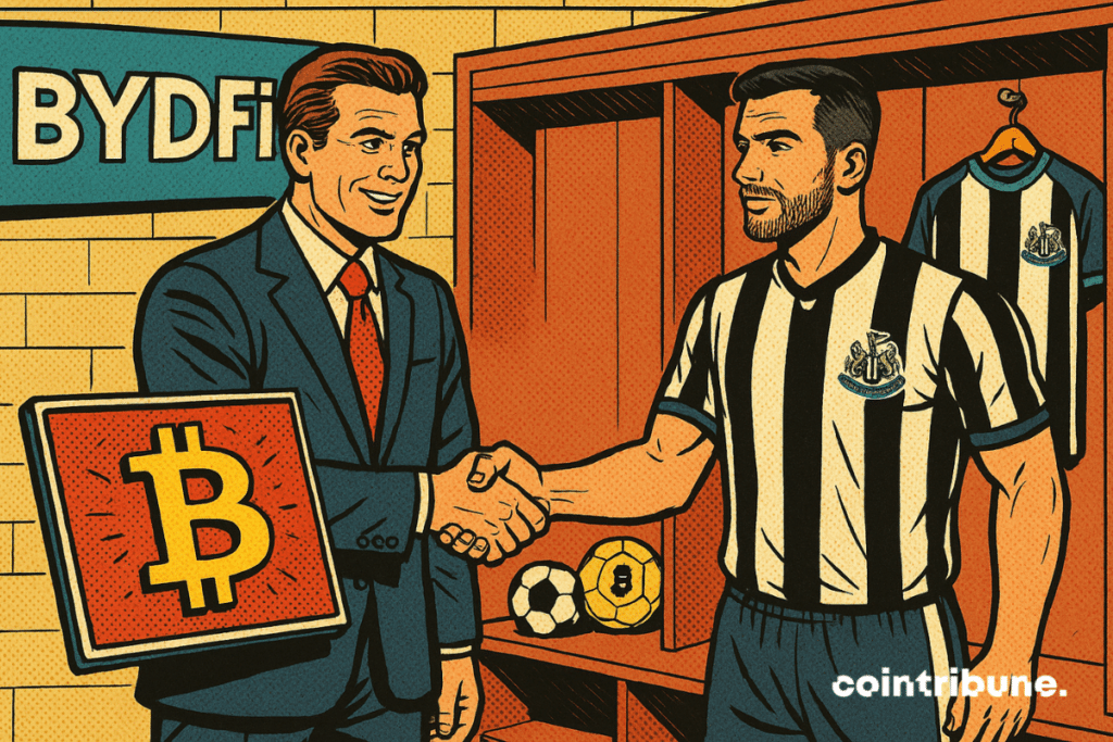 Une poignée de main entre un représentant de BYDFi et un joueur de Newcastle dans un vestiaire moderne de football.