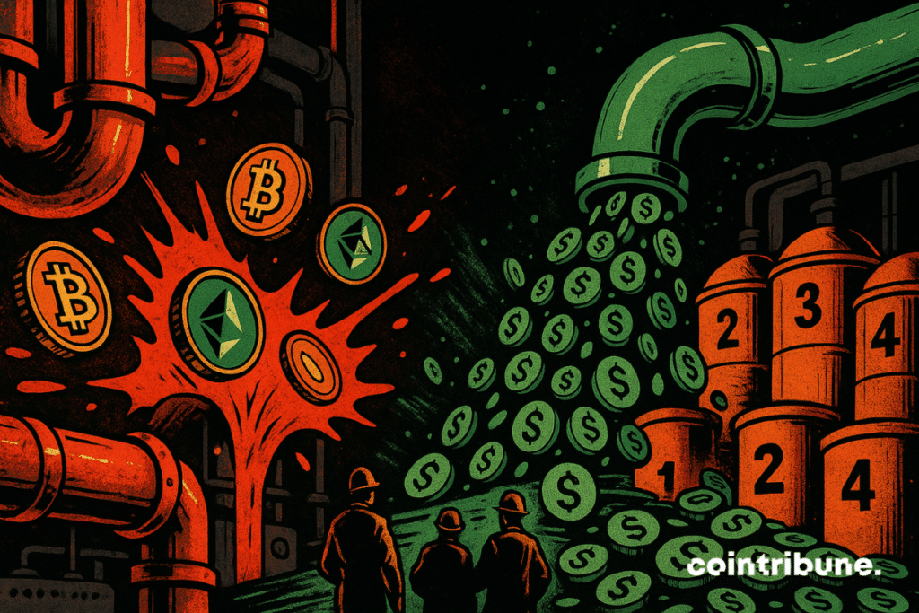 À l’intérieur d’un terminal Binance, des tuyaux fuyants laissent échapper les cryptos, pendant qu’une canalisation massive déverse les stablecoins dans des silos.