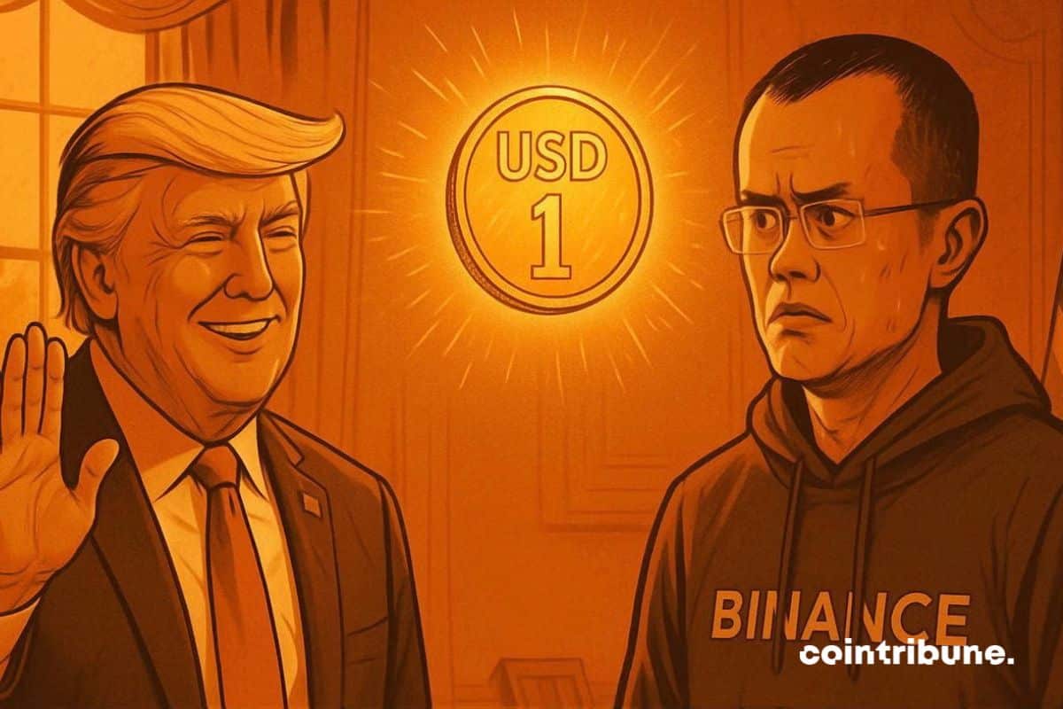 Donald Trump qui discute avec l’ancien PDG de Binance au sujet du stablecoin USD1.