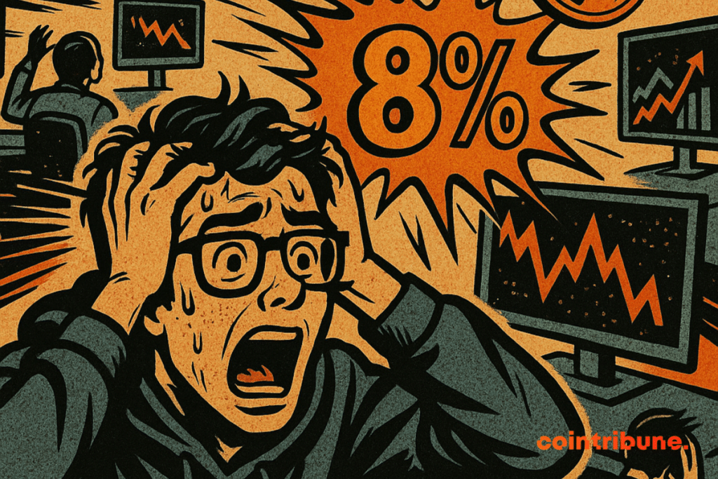 Un operador bursátil, presa del pánico, observa las pantallas explosivas que muestran un 8 %, lo que simboliza la extrema volatilidad del Bitcoin.