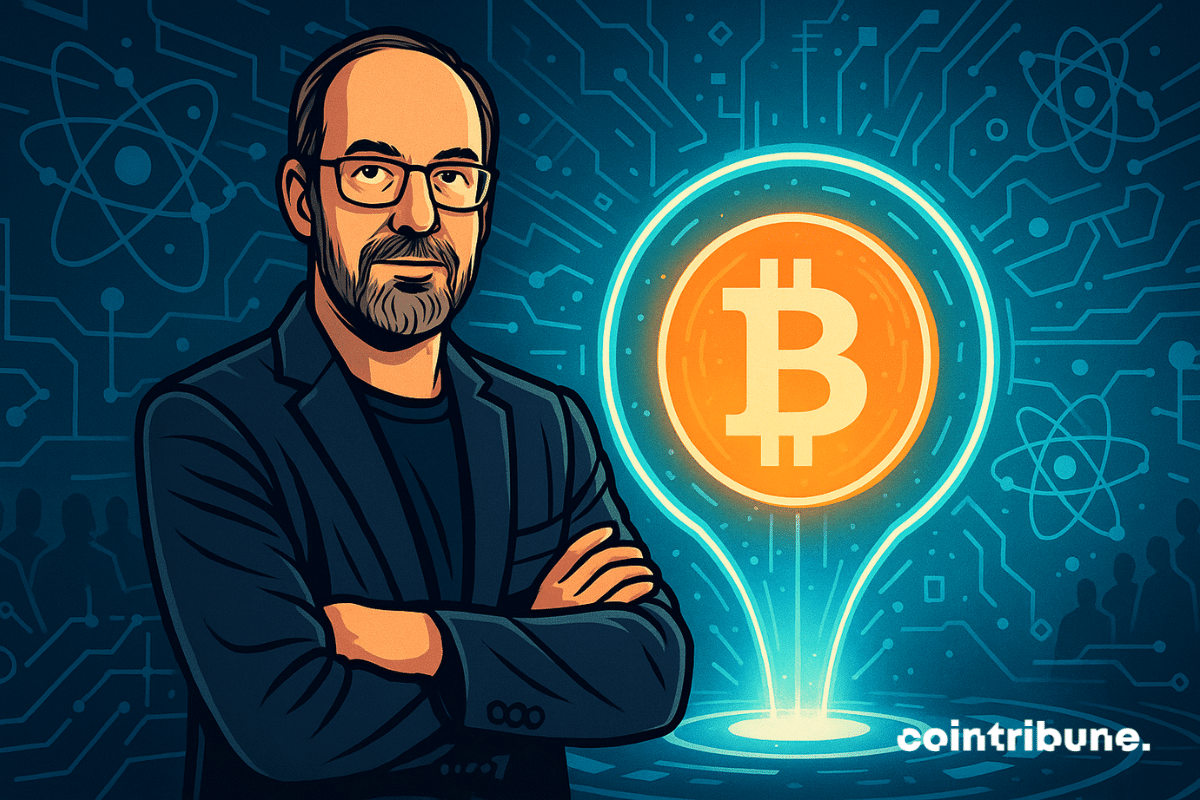 Adam Back se trouve devant un logo Bitcoin flottant, protégé par un champ de force.