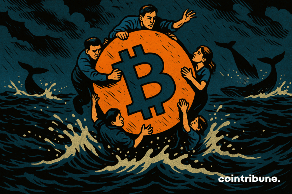 Les petits investisseurs sont suspendus à un immense logo de Bitcoin flottant comme une bouée. Des silhouettes de baleines gigantesques plongent au loin.