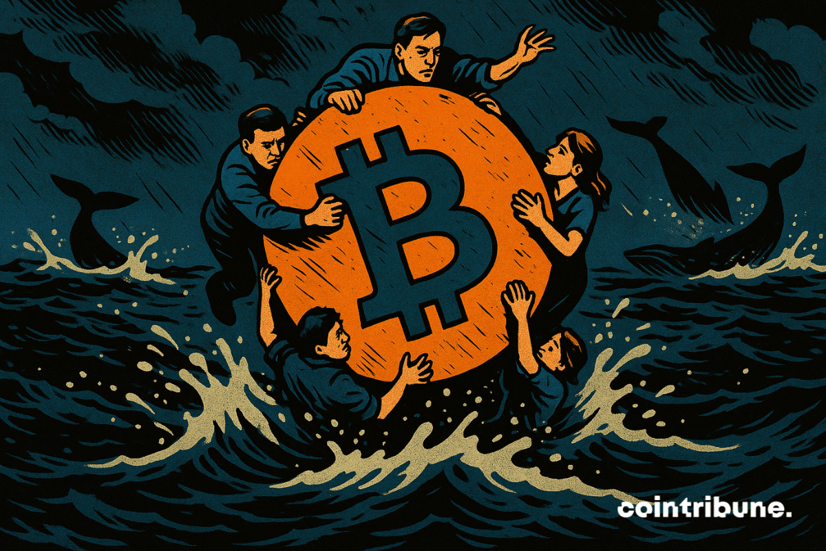 Les petits investisseurs sont suspendus à un immense logo de Bitcoin flottant comme une bouée. Des silhouettes de baleines gigantesques plongent au loin.