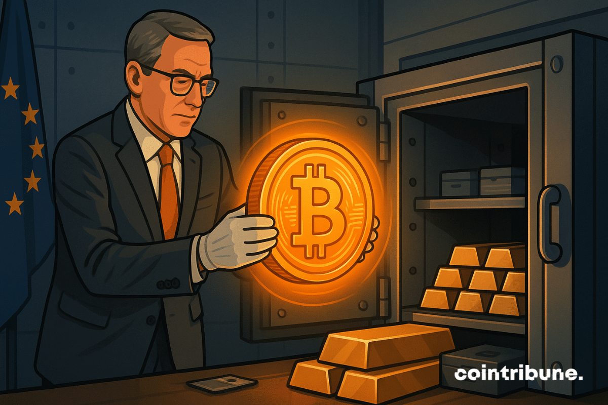 Un haut fonctionnaire de la Banque nationale tchèque est en train de placer un Bitcoin géant doré dans un coffre-fort.