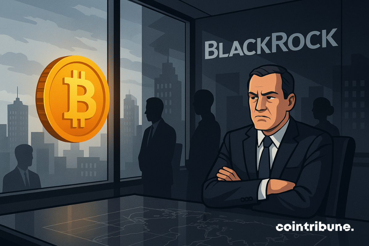 Un investisseur croise les bras dans une salle vitrée de BlackRock, observant un Bitcoin flottant à l’extérieur.
