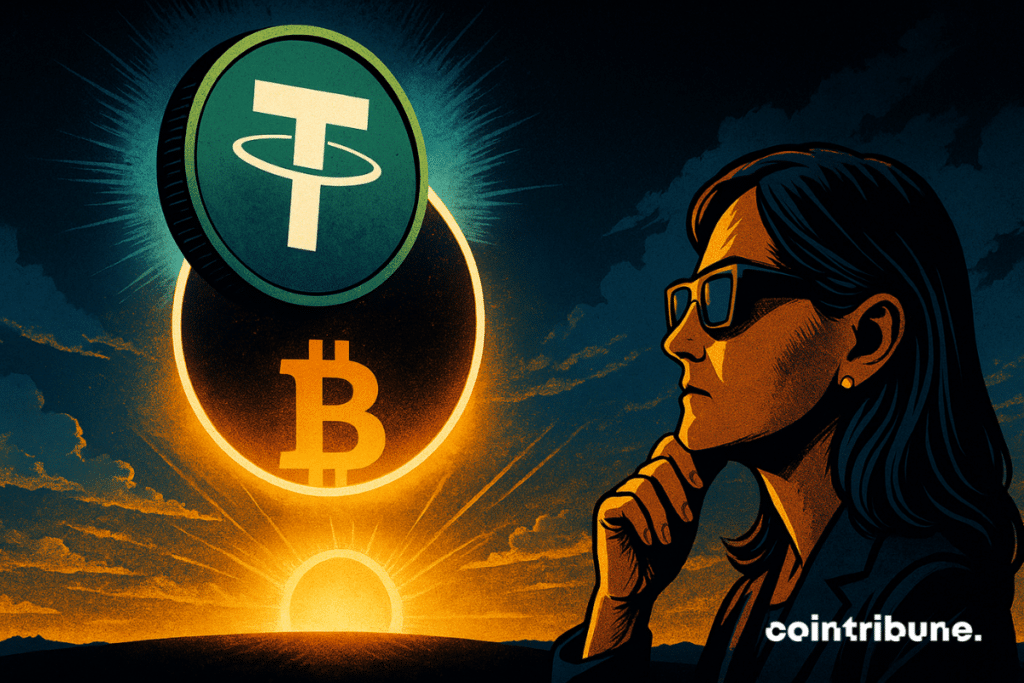 Bitcoin appears as a sun on the horizon. A giant stablecoin (USDT) coin passes in front like a moon, creating an eclipse. Cathie Wood watches the scene wearing eclipse glasses.