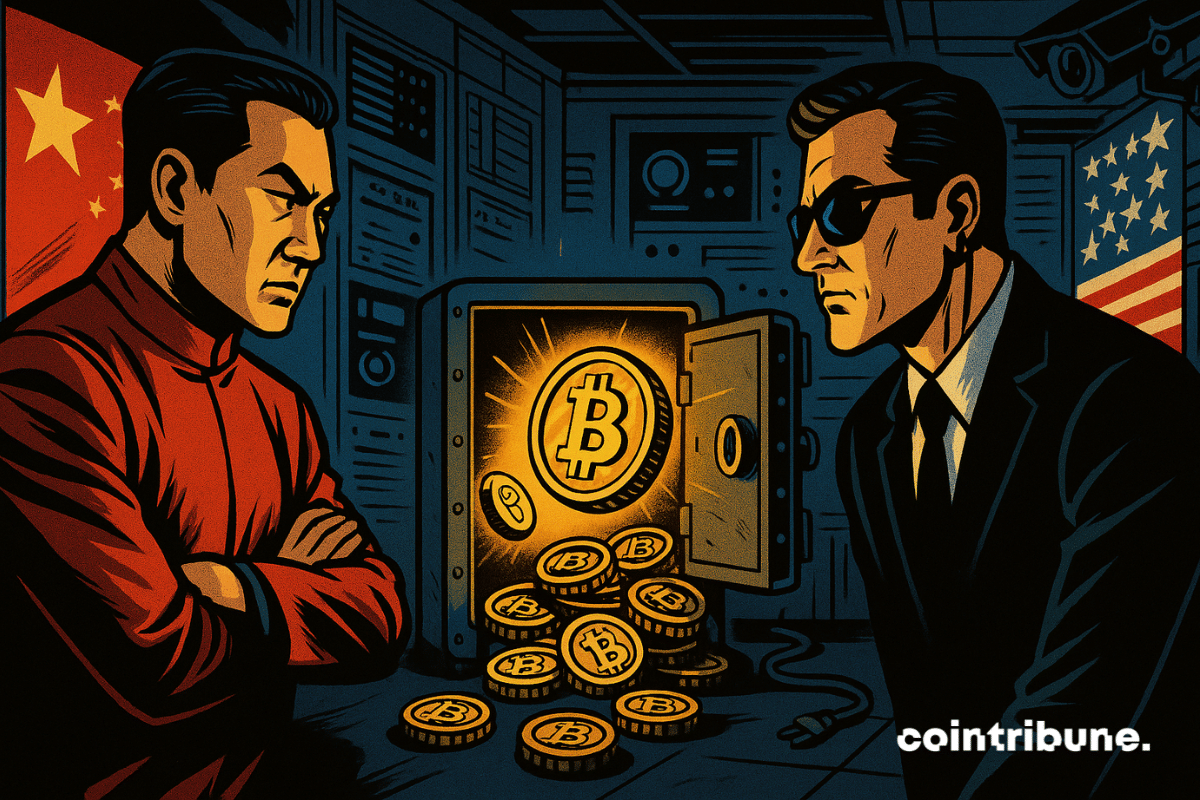 A confrontation between Chinese and American agents over a Bitcoin vault, symbolizing China's accusations against the United States in the LuBian case.