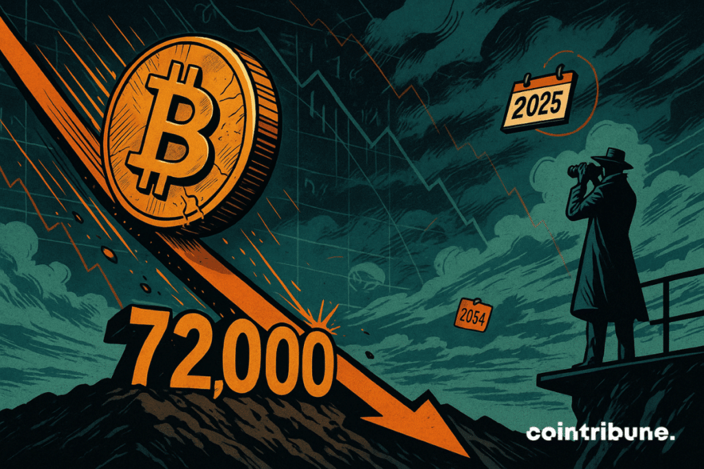 A giant Bitcoin token hurtles down the curve under the watchful eye of a CryptoQuant analyst, its outline slightly cracked, leaving orange sparks in its wake. The graph line, like a downward slope, ends its trajectory on rocky ground, where the number "72,000" is engraved in bold digits — a final impact point.