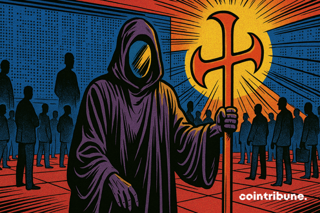 Una silueta de una parca con capucha negra sosteniendo una gran cruz formada por dos curvas, lo que simboliza el death cross en el Bitcoin.