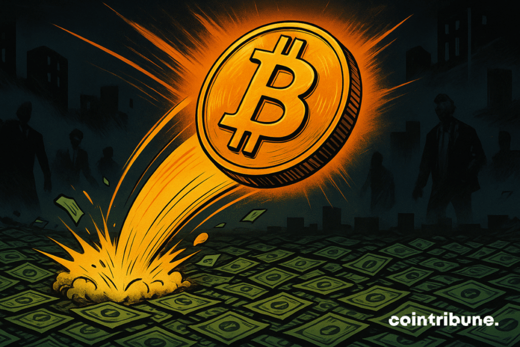 The Bitcoin coin bounces off a floor covered in dollars.