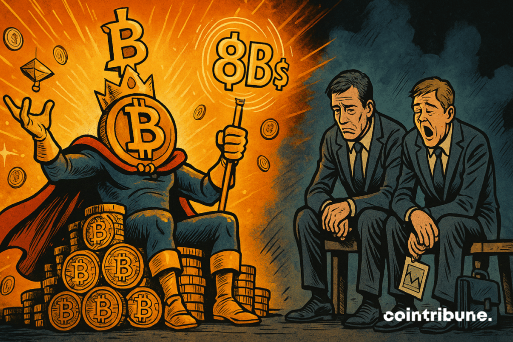 Une personnification de Bitcoin en roi triomphant. Il est assis sur un trône monumental fait de pièces empilées, avec un design inspiré de circuits imprimés. Il porte une cape flottante, une couronne en forme de B stylisé, et tient un sceptre digital au sommet duquel flotte un « 8B $ » lumineux, ce qui symbolise l’injection de flux massifs malgré le ralentissement des ETF.