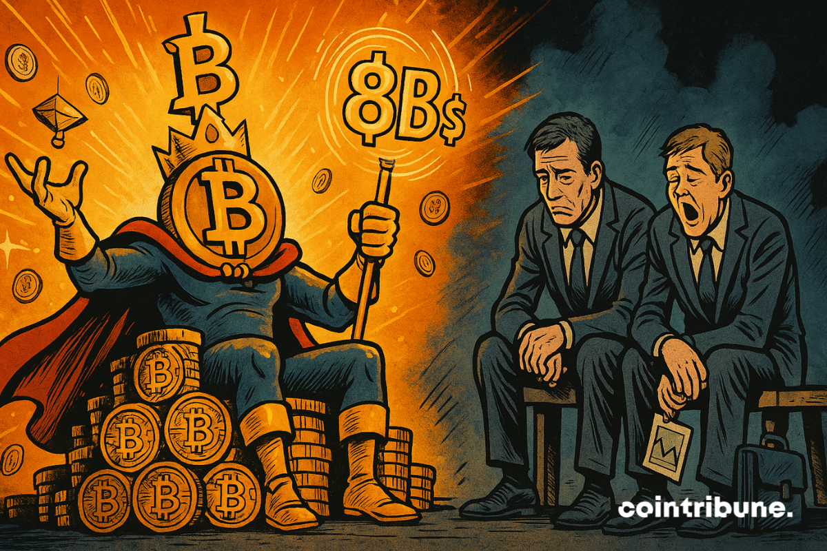 Une personnification de Bitcoin en roi triomphant. Il est assis sur un trône monumental fait de pièces empilées, avec un design inspiré de circuits imprimés. Il porte une cape flottante, une couronne en forme de B stylisé, et tient un sceptre digital au sommet duquel flotte un « 8B $ » lumineux, ce qui symbolise l’injection de flux massifs malgré le ralentissement des ETF.