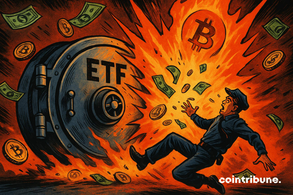 Une explosion façon bande dessinée secoue le coffre-fort d’un ETF, projetant des bitcoins et des billets de dollar dans le chaos.