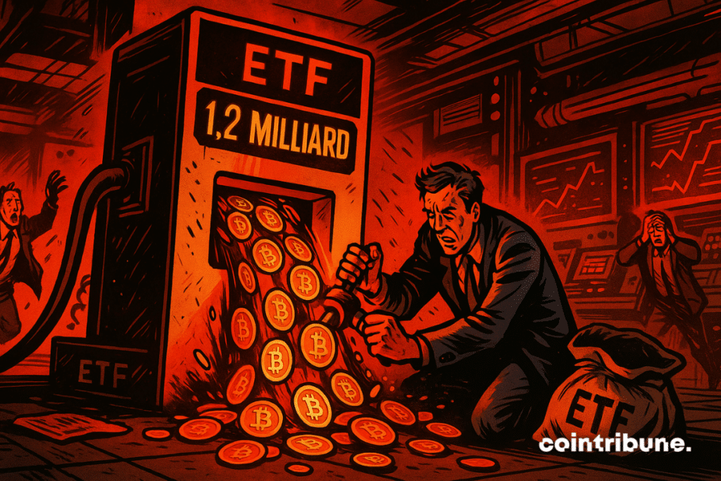 On a machine labeled “ETF” with a glowing counter reading “1.2 billion,” a crouching trader tries to shut a valve leaking Bitcoins.