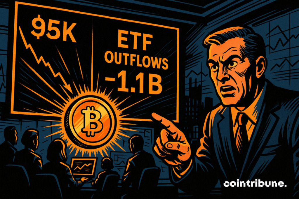 A worried financial manager points at a glowing dashboard showing Bitcoin at K and ETF outflows of -1.1B as analysts watch in a tense control room.