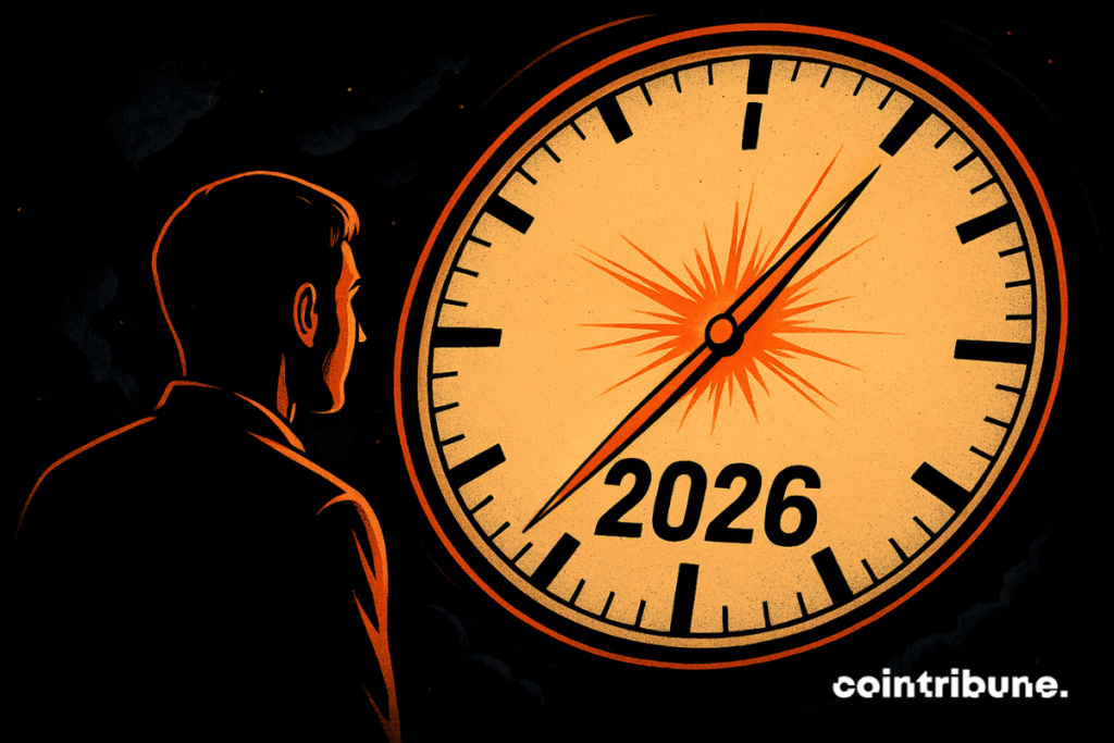 A man observes a huge illuminated orange clock in the darkness, with the hand pointing toward 2026 like an imminent signal, symbolizing the coming shift for Bitcoin, Ethereum, and Solana.