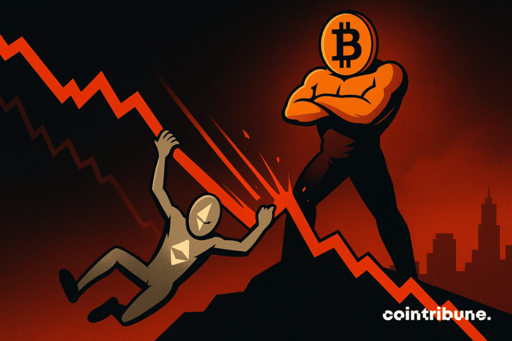 Ethereum personnifié comme un personnage suspendu à une ligne du graphique. Il est accroché d’une main, le regard paniqué. Le Bitcoin est en haut du graphique, stable et confiant.