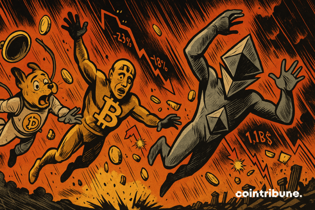 Bitcoin, Ethereum, and Dogecoin personified, plummeting headfirst through a chaotic sky, with a strong sense of dynamic motion.