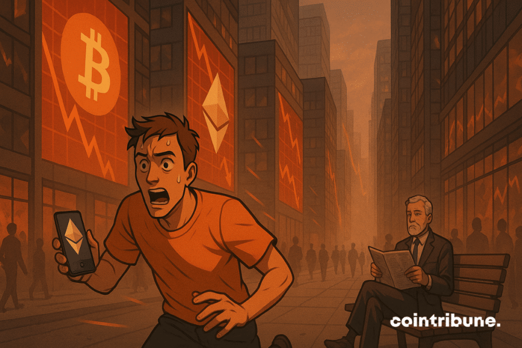 Un inversor de Ethereum corre con papeles o un teléfono móvil, mientras que uno de Bitcoin está sentado en un banco, leyendo un periódico.