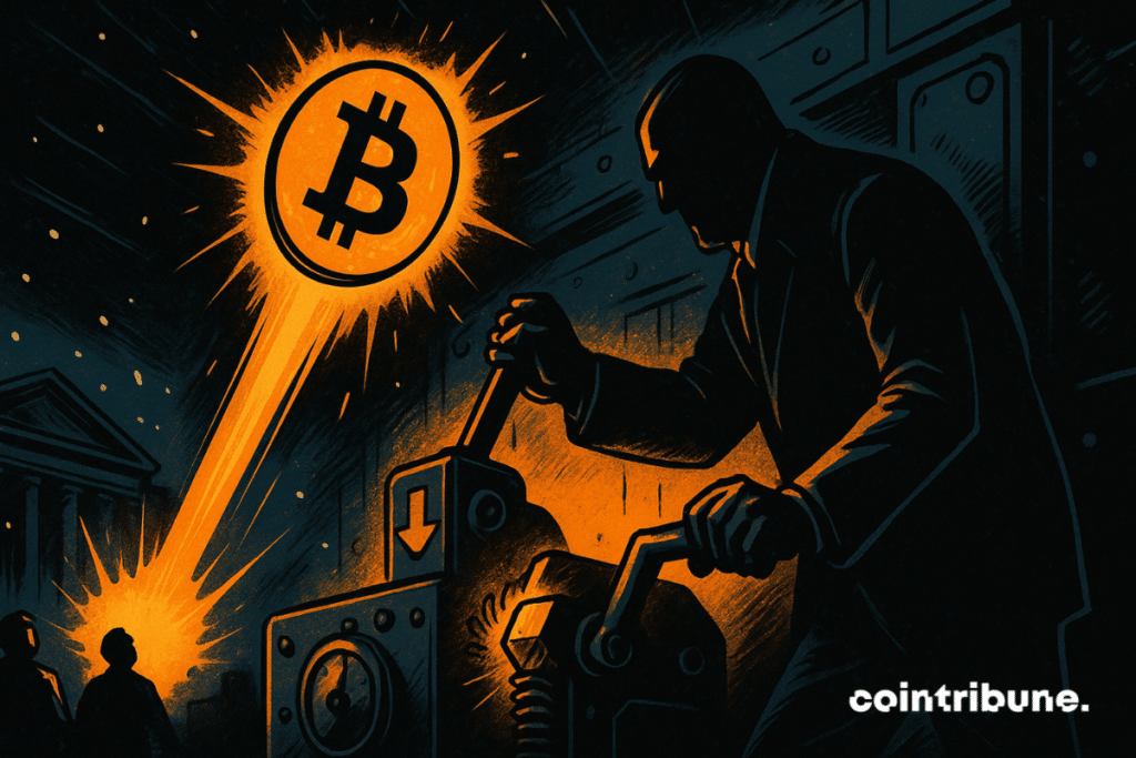 Un représentant de la Fed active un levier marqué par une icône de taux sur une plateforme, ce qui propulse une grande pièce Bitcoin enflammée vers le haut.