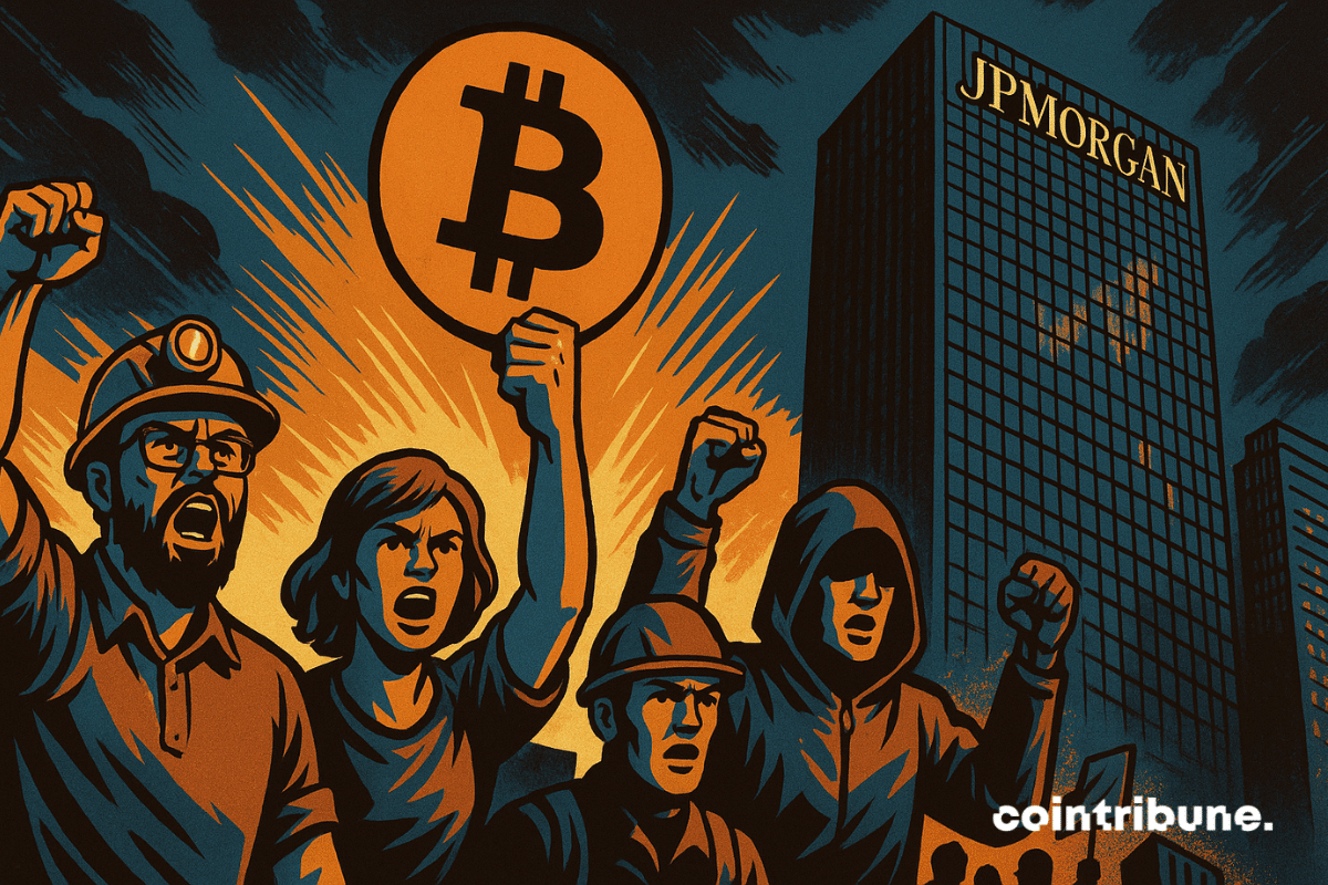 Une foule crypto brandit le symbole du Bitcoin face à une tour JPMorgan sombre et oppressante.