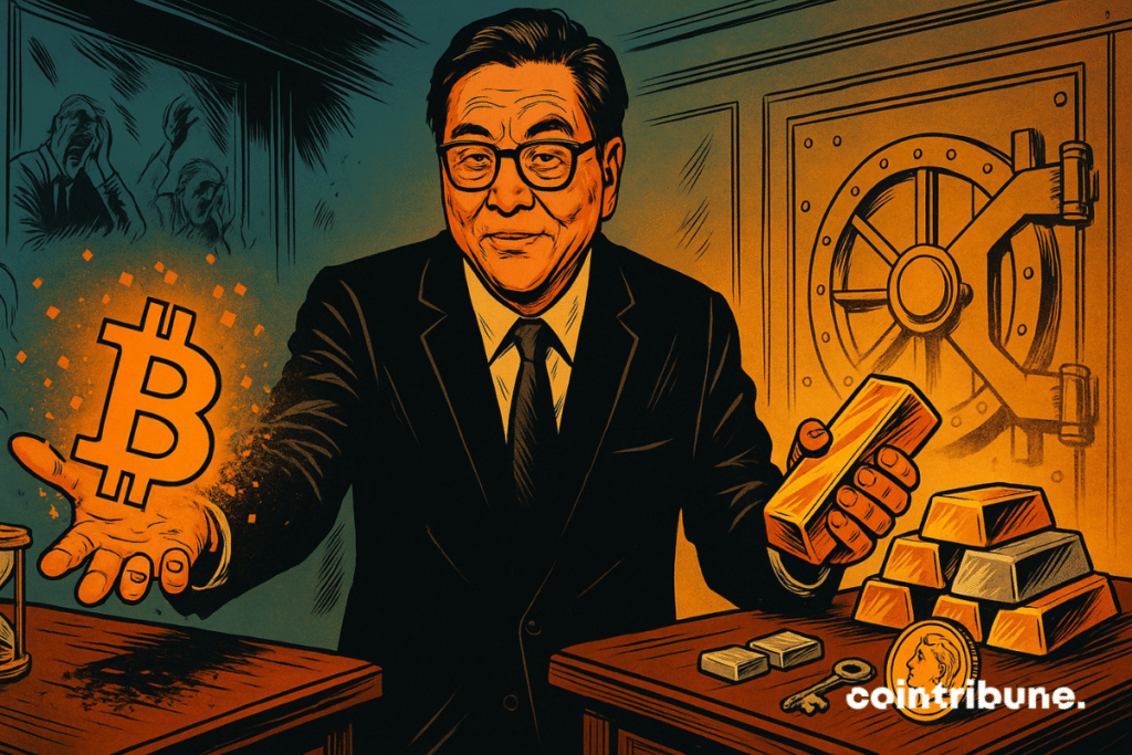Robert Kiyosaki est debout entre deux tables : l’une avec des Bitcoins pixelisés en train de s’évaporer, l’autre avec des lingots d’or, d’argent, des clés immobilières.