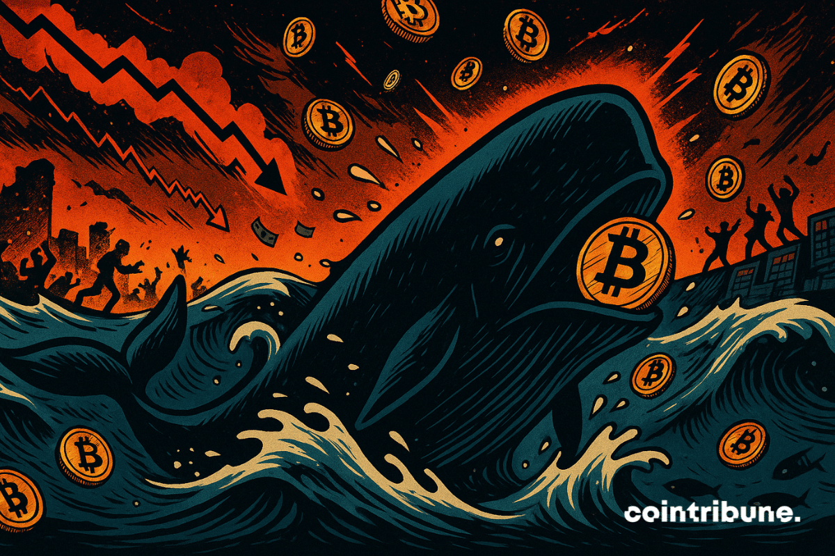 Une immense baleine traverse une vague de liquidations rouges, récupérant des pièces de Bitcoin et des contrats tombant du ciel comme de la pluie.