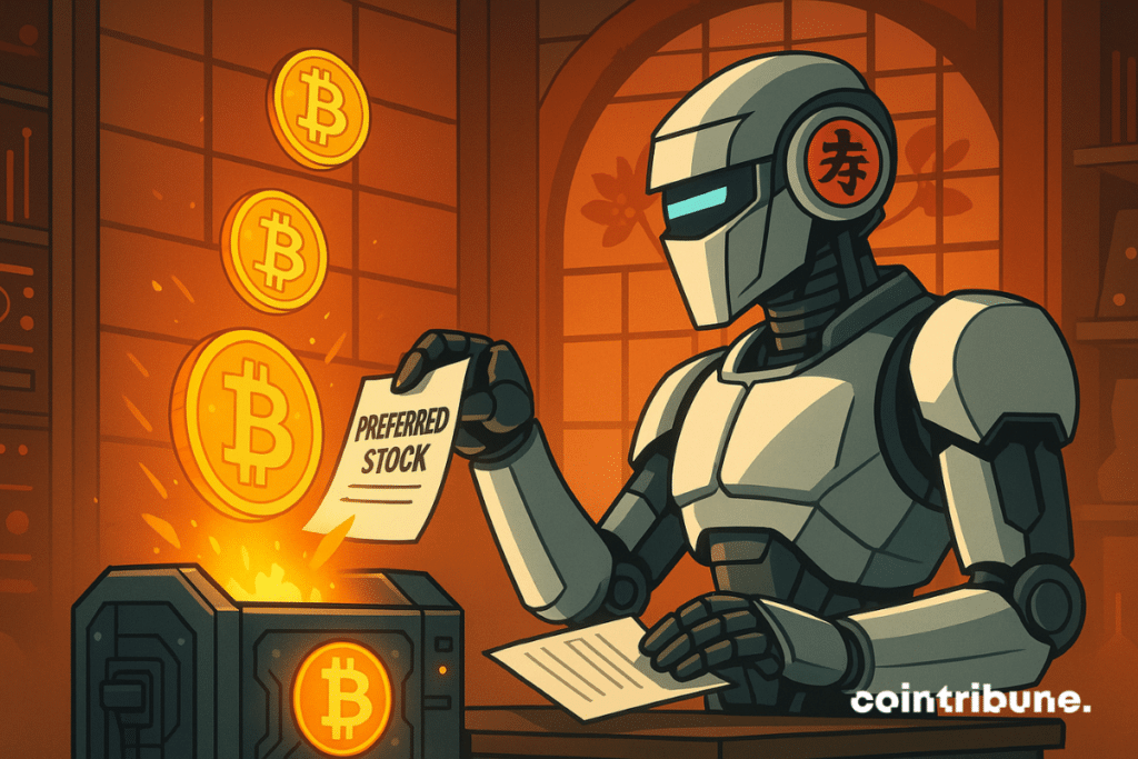 Un robot Metaplanet à l’esthétique japonaise glisse des feuilles « actions » dans une machine futuriste qui éjecte des Bitcoins incandescents.