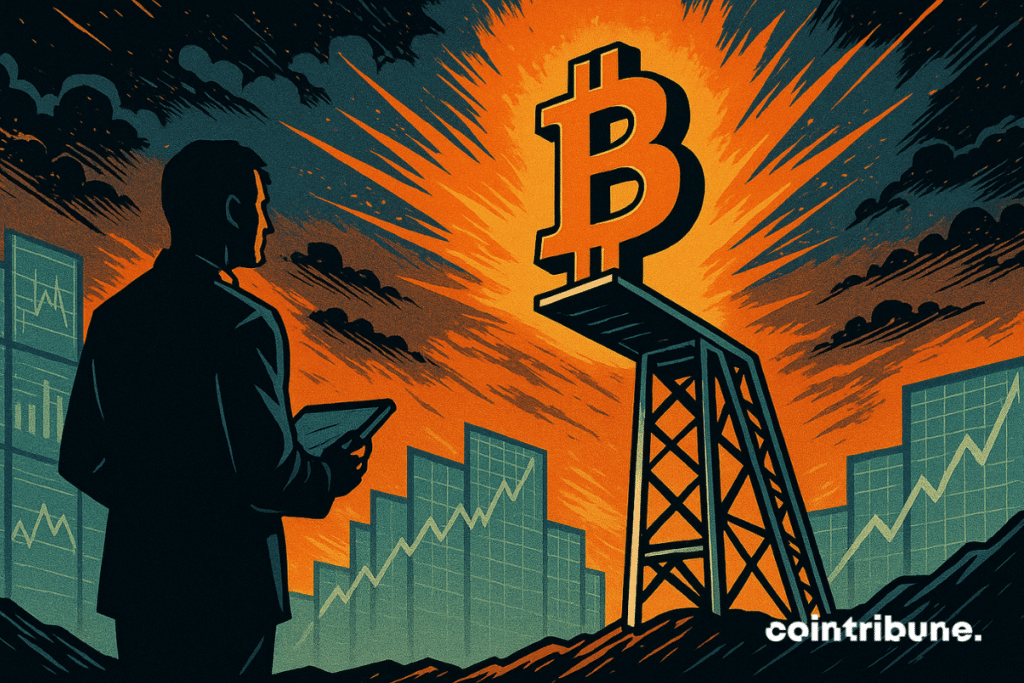 The Bitcoin logo is placed on a giant springboard, at the edge of a void, under the watchful eye of an expert (Mister Crypto).