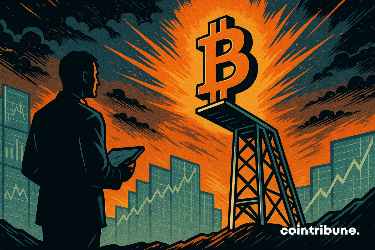 The Bitcoin logo is placed on a giant springboard, at the edge of a void, under the watchful eye of an expert (Mister Crypto).