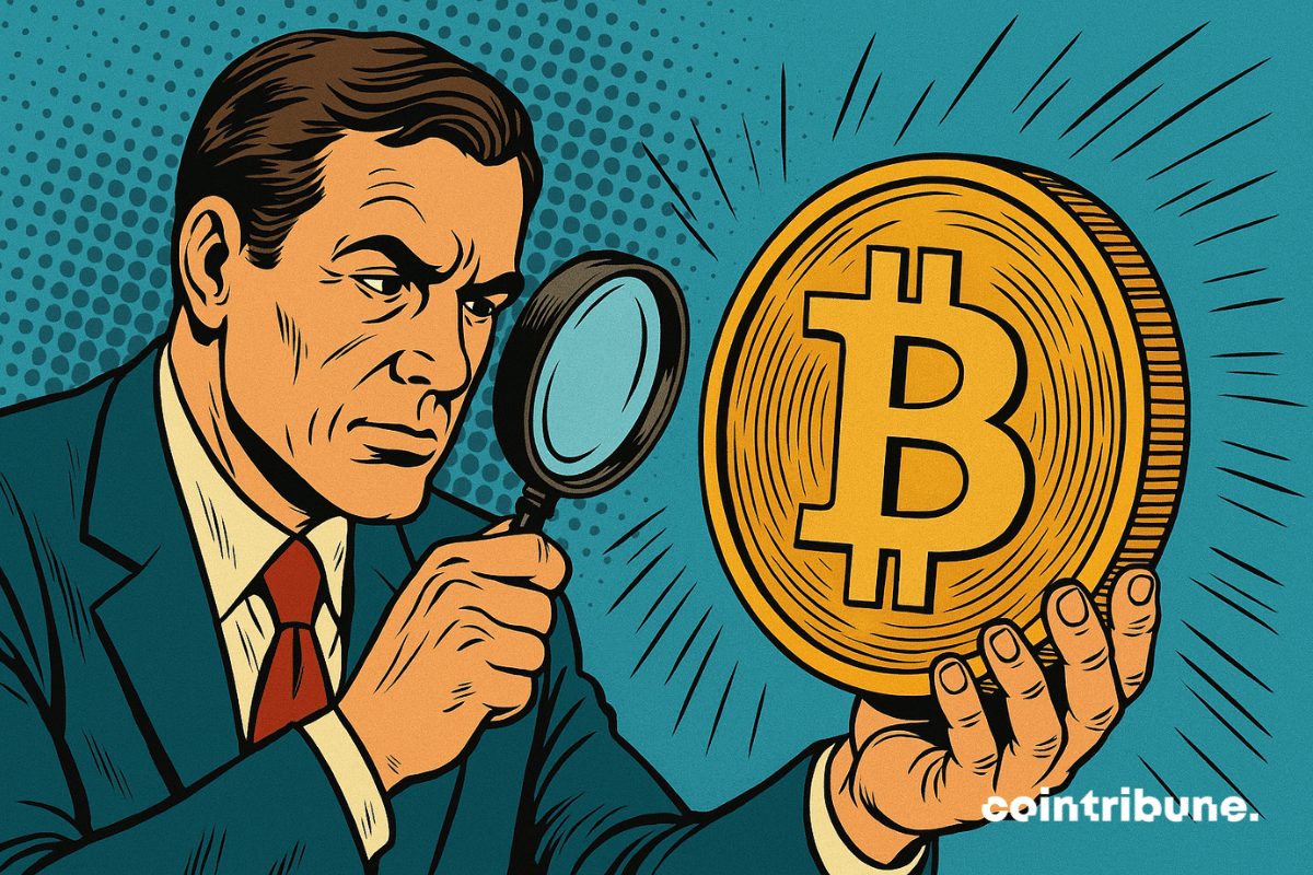 Un banquier de Morgan Stanley observe à la loupe une pièce de Bitcoin.