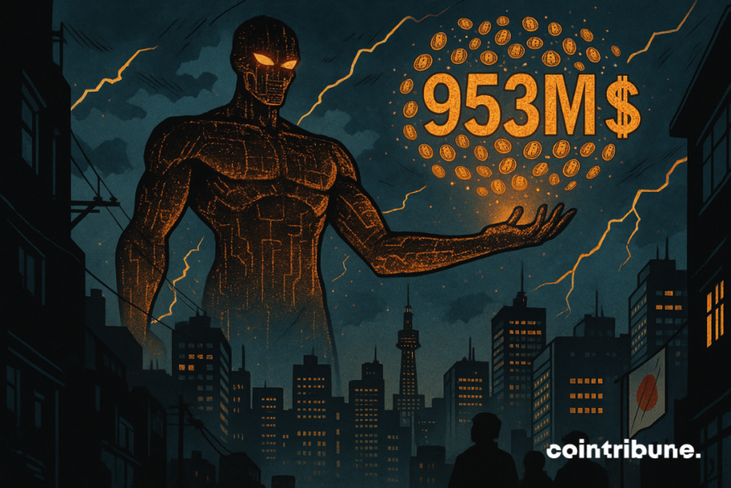 Une entité humanoïde colossale de Mt. Gox, moitié humaine moitié holographique. Se corps semble constitué de lignes de code, de circuits imprimés, ou de fragments de données. Les yeux émettent une lumière orange intense. Sa main est levée, paume ouverte vers le ciel, comme s’il absorbait ou relâchait de l’énergie. En suspension dans le ciel au-dessus de la main de la silhouette, un amas de chiffres lumineux formant « 953 M $ ». Les chiffres sont composés de petites pièces Bitcoin en rotation lente.