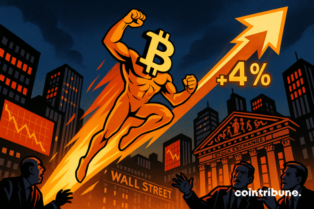 A central character representing Bitcoin leaps over the buildings of Wall Street in a victorious pose.